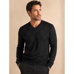Hugo Boss Men's Black V-Neck Textured Argyle Pullover Sweater Slim Fit Sz XL